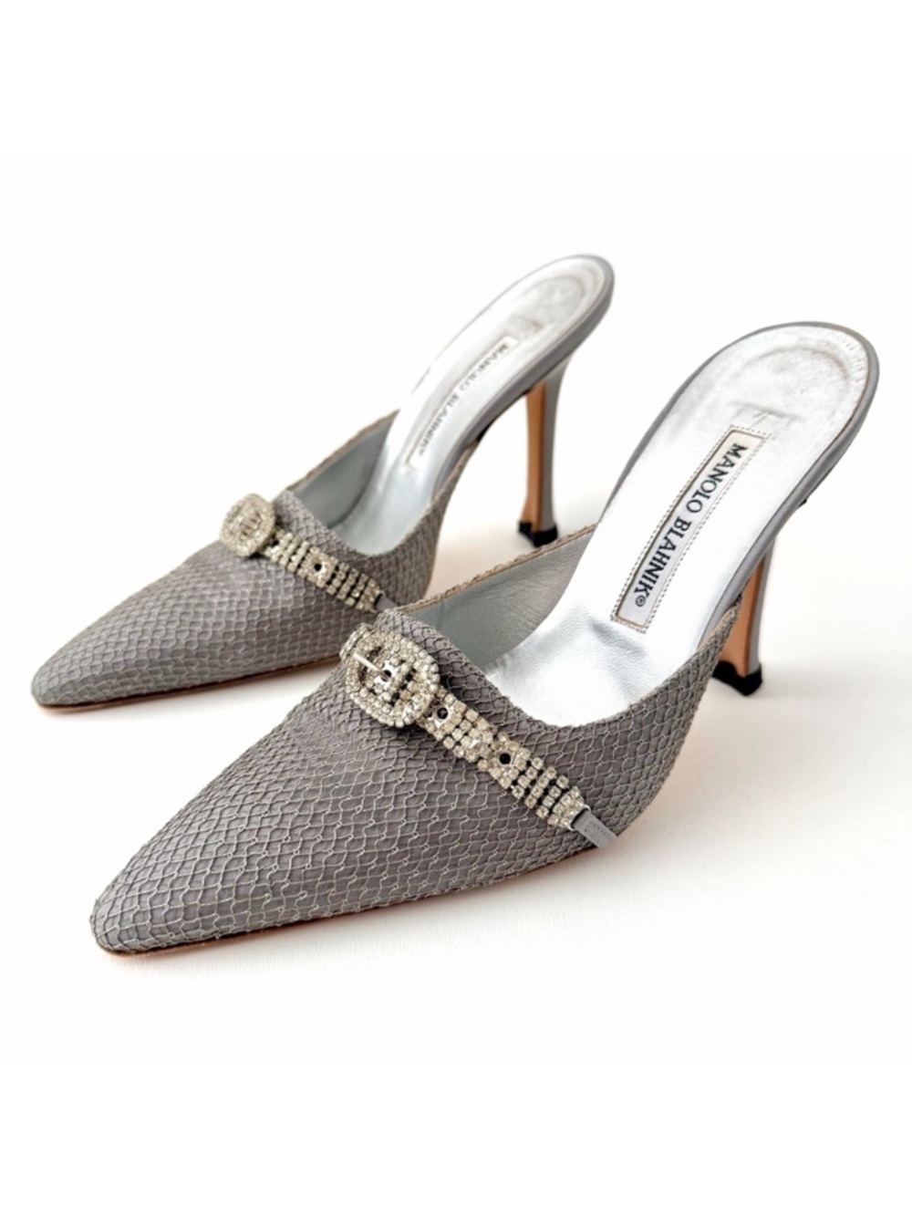 MANOLO BLAHNIK | Vintage Y2K Crystal Buckle‎ Silver Gray Mule Heels Bridal EU 37